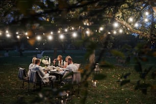 Photo through tree branches with leaves. Evening time. Friends have a dinner in the gorgeous outdoor place.