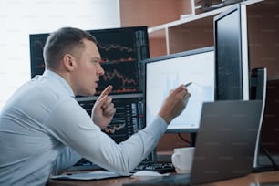 Attention to details. Man working online in the office with multiple computer screens in index charts.