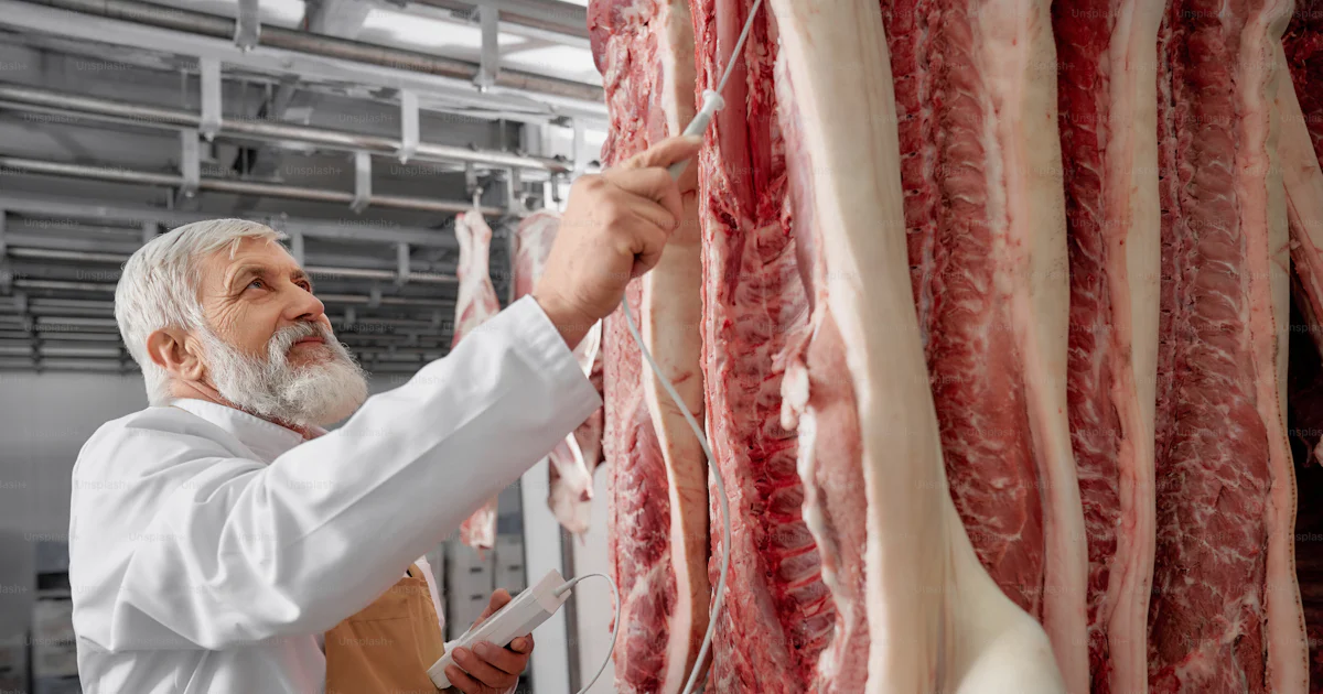 Butcher, professional with gray beard and hair standing in refrigerator ...