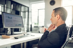 Article on computer. Handsome thoughtful businessman reading financial article on computer in the office