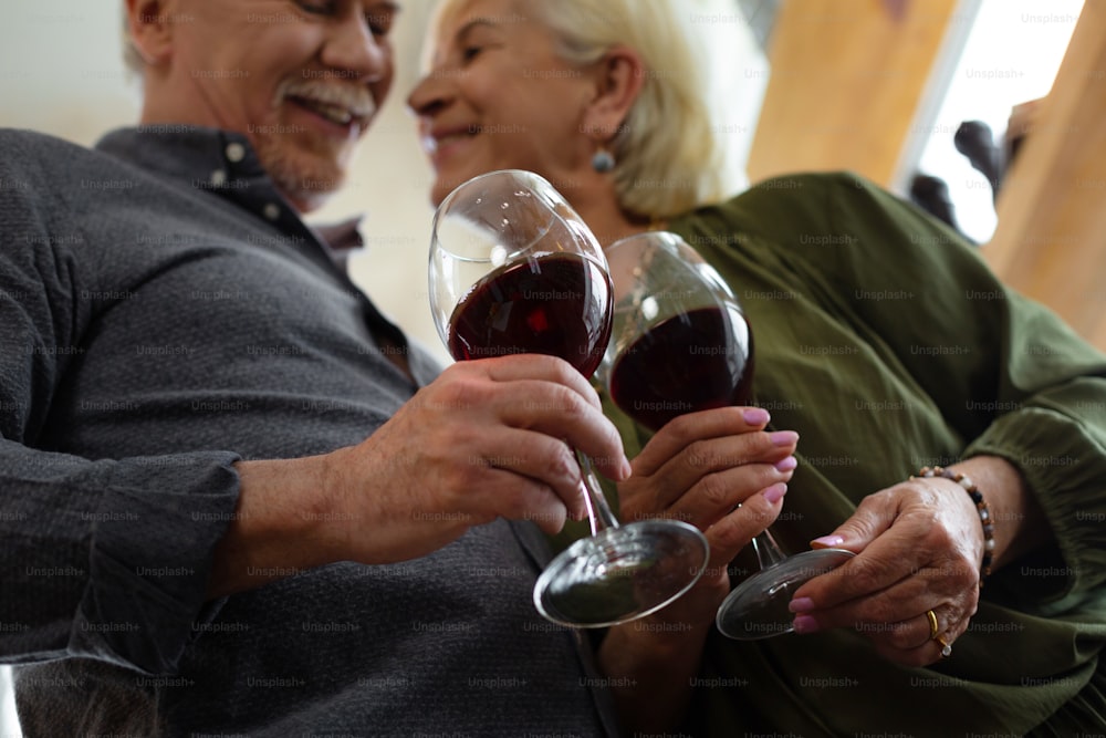 Glasses of wine. Close-up picture of attractive elderly white-haired happy married couple in love holding glasses of wine in hands standing at the kitchen