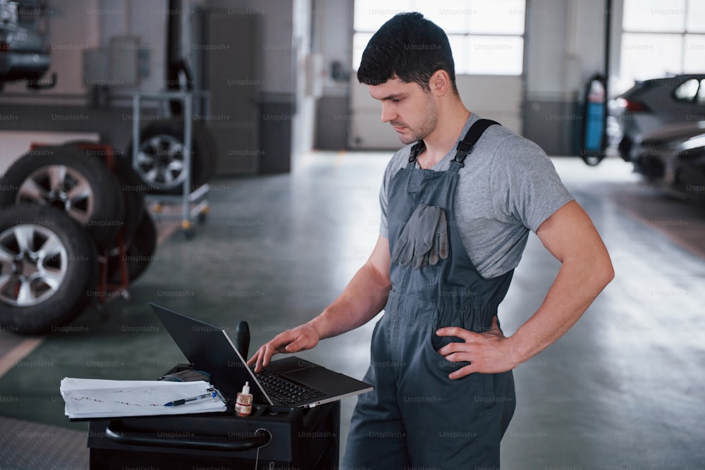 In internet you can find any item to buy. Worker stands indoors in uniform does reports, calculations and looking at the plans.