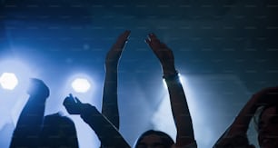 Heben Sie die Hände. Gruppe von Menschen, die gerne im Nachtclub mit schöner Beleuchtung tanzen.