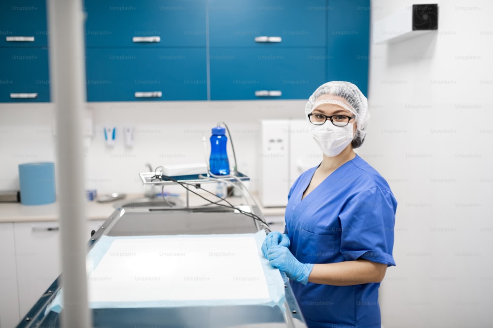 Vet in mask. Professional female vet wearing blue uniform and mask preparing for surgery