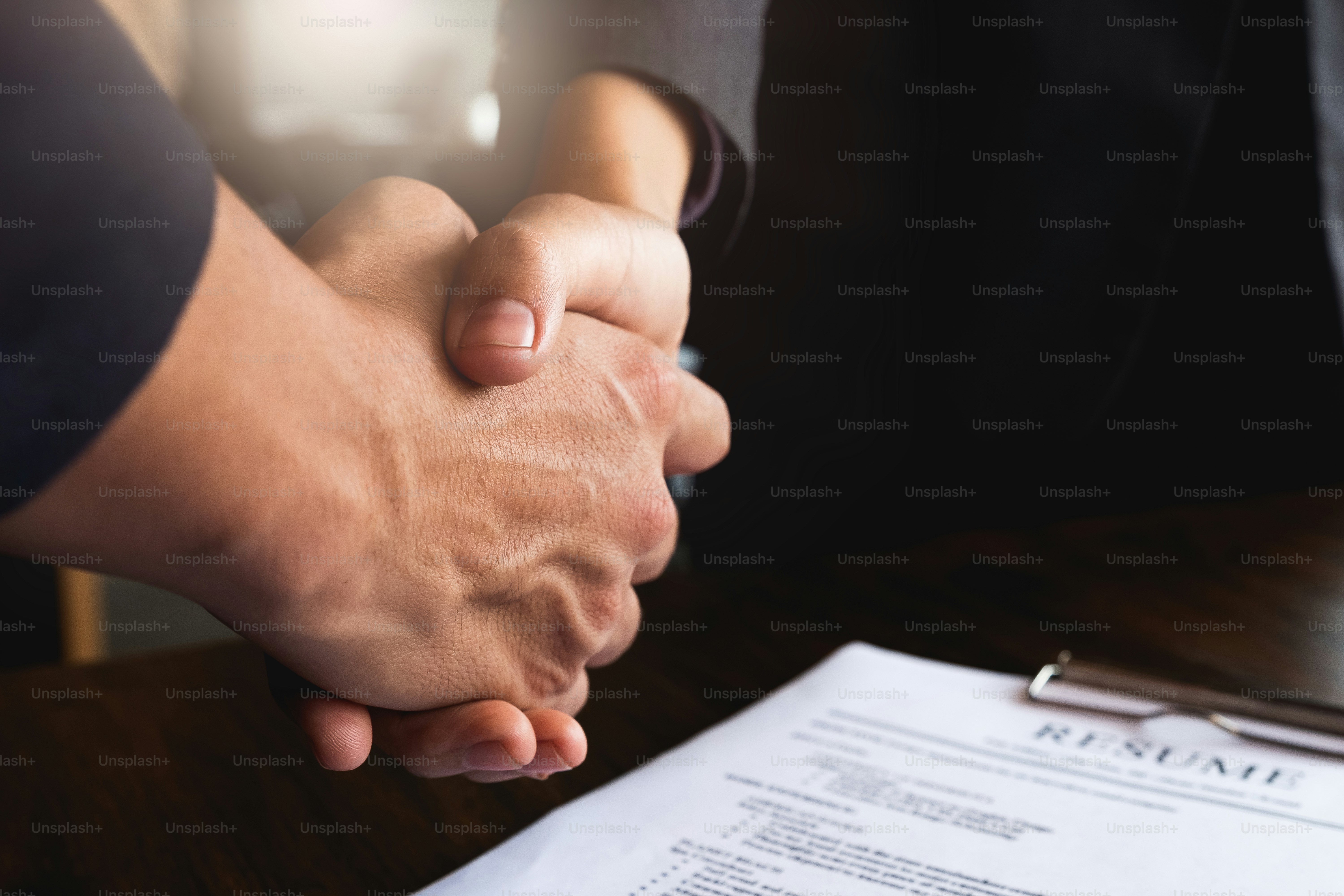 Successful job interview with boss and employee handshaking, Business job interview concept