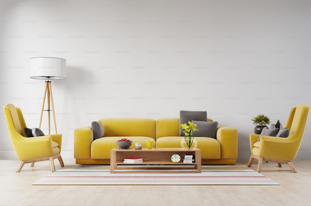 Interior blanco de la sala de estar con sofá de tela amarilla, lámpara y plantas en fondo de pared blanco vacío.3d renderizado