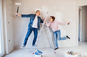 Retrato de alegre casal sênior pintando paredes em casa nova, divertindo-se. Conceito de realocação.
