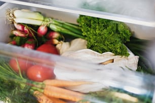 Verdure fresche in cassetto aperto in frigorifero. Carote, pomodori, funghi, cipolle, ravanello, insalata, rucola dal mercato in frigorifero. Concetto di spesa a rifiuti zero.