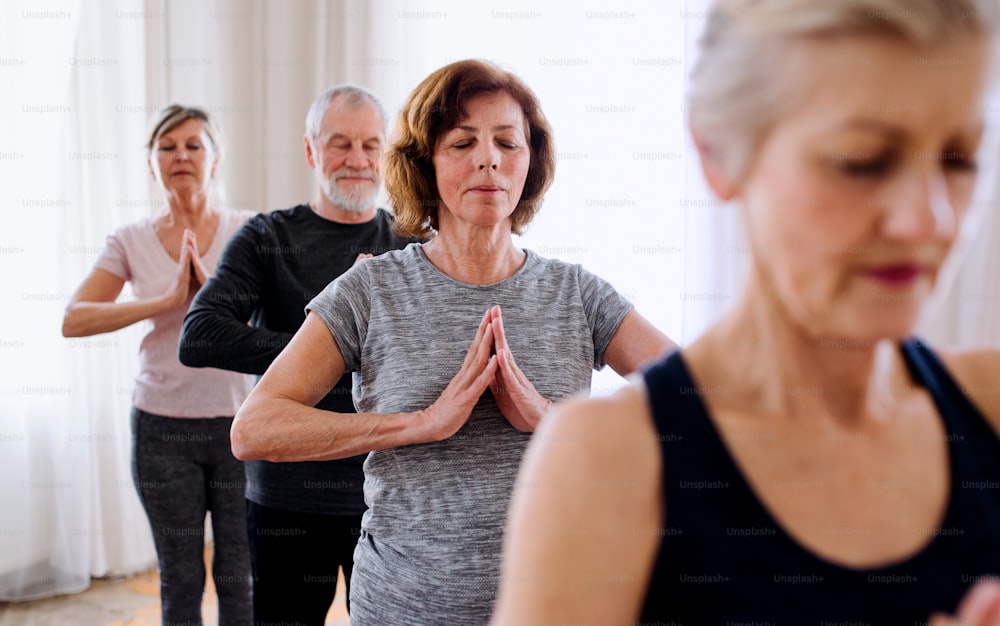 Gruppo di persone anziane attive che fanno esercizio di yoga nel club del centro comunitario.