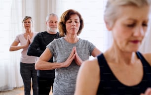 Group of active senior people doing yoga exercise in community center club.