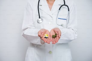 Doctor hand holding bud of medical cannabis and pills.