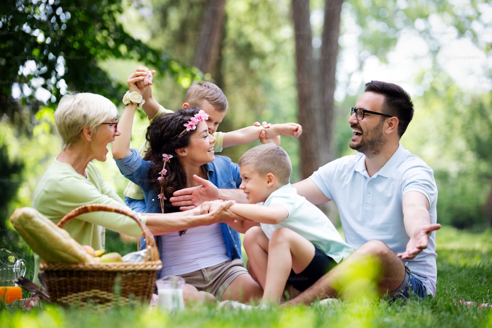 Glückliche Familie, die ein Picknick in der Natur mit Großeltern genießt