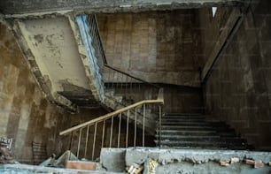 Chernobyl Exclusion Zone, Ukraine. Abandoned houses of the ghost town of Pripyat. The destructive consequences of a nuclear explosion at a nuclear reactor of the Chernobyl nuclear power plant