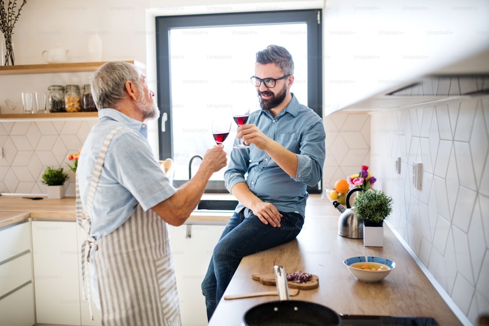 Un hijo adulto hipster y un padre mayor en el interior de la cocina de su casa, bebiendo vino mientras cocina.