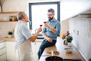 An adult hipster son and senior father indoors in kitchen at home, drinking wine when cooking.