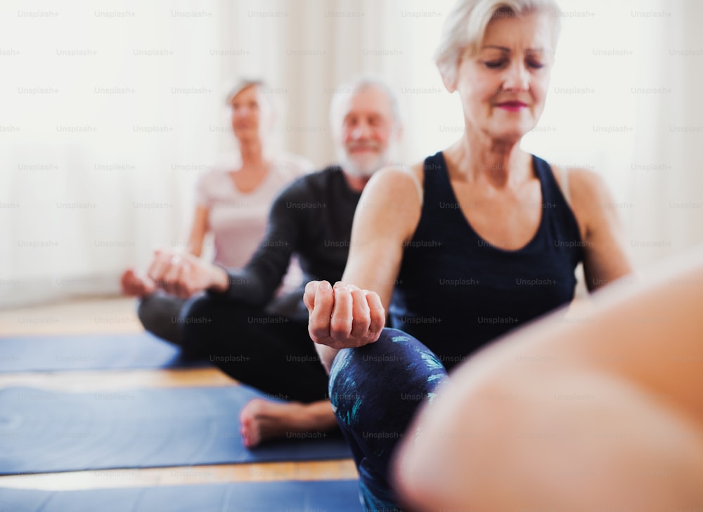 Gruppo di persone anziane attive che fanno esercizio di yoga nel club del centro comunitario.