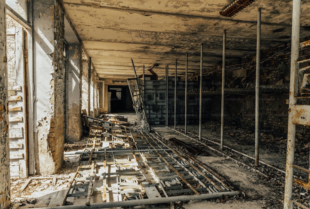 Chernobyl Exclusion Zone, Ukraine. Abandoned houses of the ghost town of Pripyat. The destructive consequences of a nuclear explosion at a nuclear reactor of the Chernobyl nuclear power plant