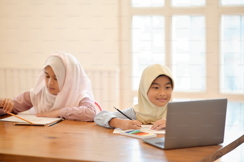 Young Asian Muslim student girls in class.