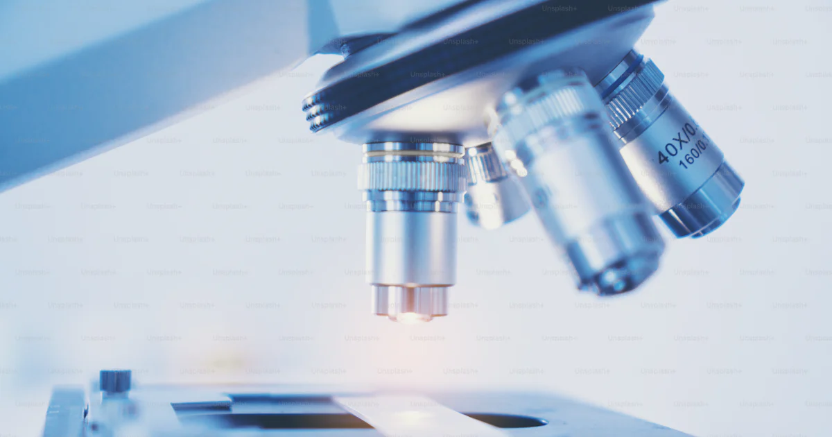 High magnification lens of the microscope for research photo ...