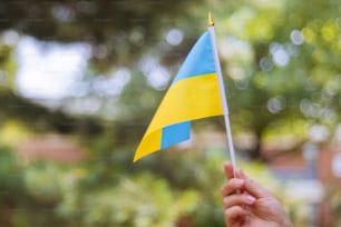 Jour de l’indépendance de l’Ukraine main féminine avec un drapeau bleu et jaune