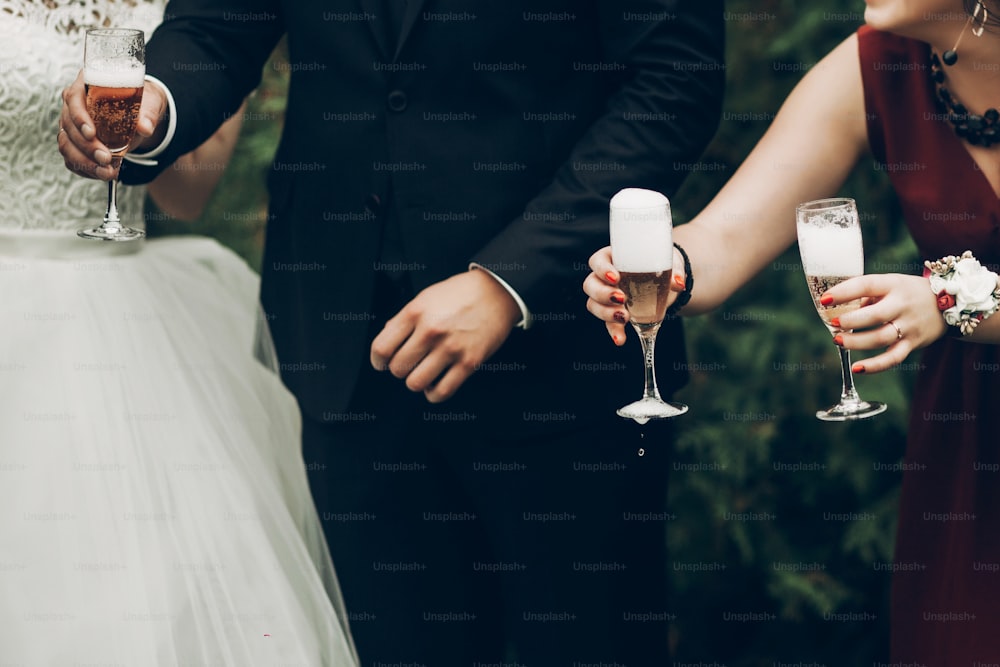 Novios brindando con copas de champán en la recepción de la boda. hermosa pareja de novios recién casados animando divirtiéndose y bebiendo