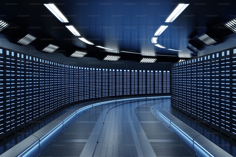Ciencia fondo, ficción, renderizado interior, ciencia ficción, pasillos de naves espaciales, luz azul, red de sala de servidores con luces azules, renderizado 3D