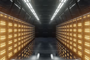 Dark Server Room Network with yellow lights,3D rendering