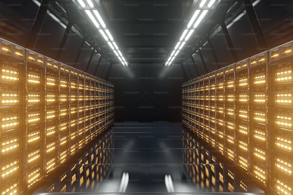Rete di sale server buie con luci gialle, rendering 3D