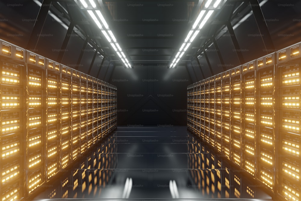 Dark Server Room Network with yellow lights,3D rendering