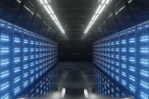 Dark Server Room Network mit blauen Lichtern, 3D-Rendering