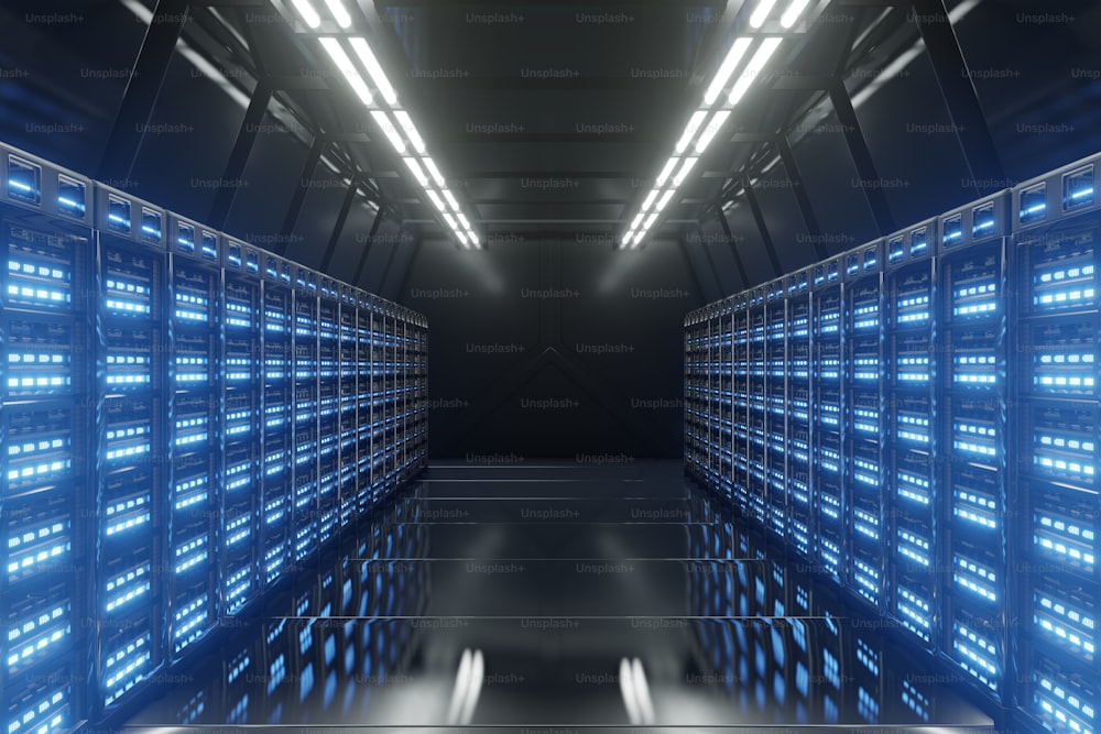 Rete di sale server buie con luci blu, rendering 3D