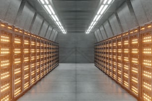 Dark Server Room Network with yellow lights,3D rendering