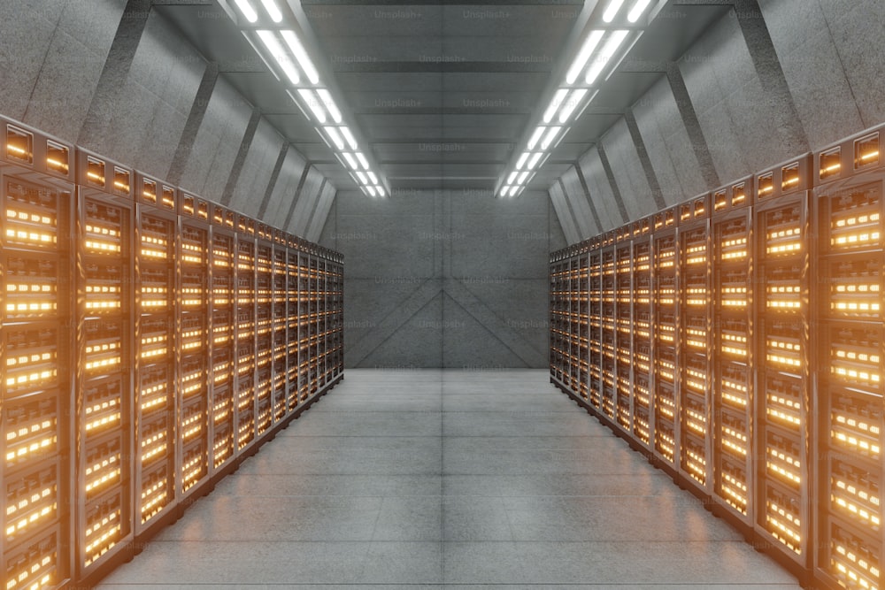 Rete di sale server buie con luci gialle, rendering 3D