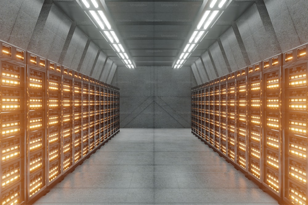 Dark Server Room Network with yellow lights,3D rendering