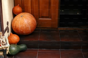 Pumpkins and squash in city street, holiday decorations store fronts and buildings. Halloween street decor. Space for text. Trick or treat. Happy halloween. Autumn market in town