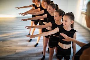 Group of fit children exercising ballet and dancing in studio together