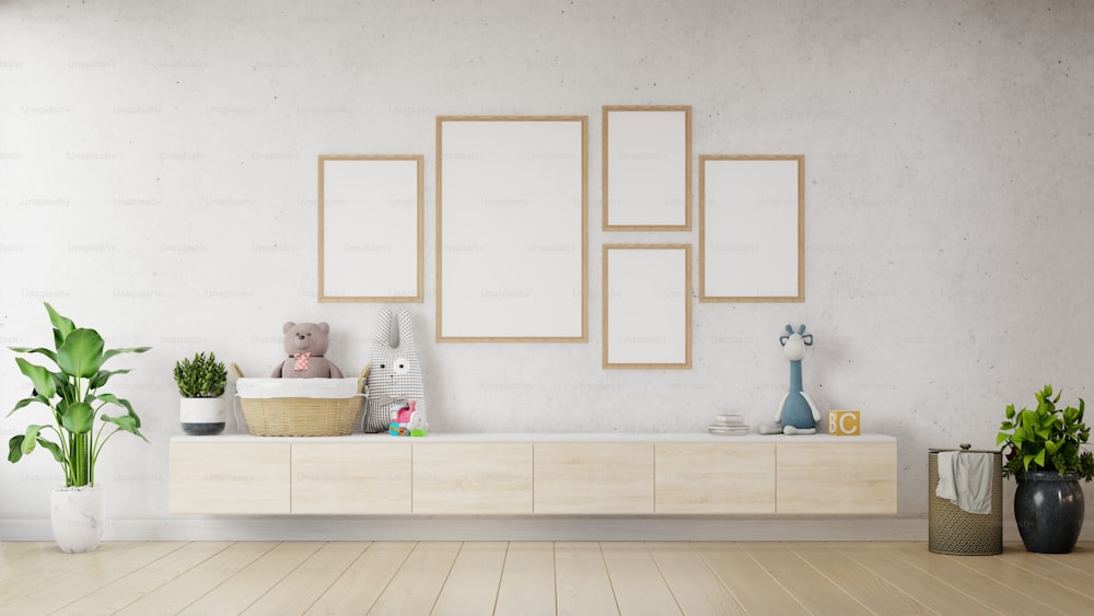 Mock up poster with vintage pastel hipster minimalist on cabinet,3d rendering