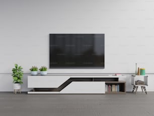 TV sul mobile nel soggiorno moderno con pianta su sfondo bianco della parete, rendering 3d