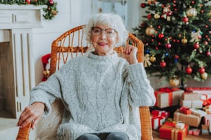 Happy gray-haired woman in glasses looking at camera stock photo