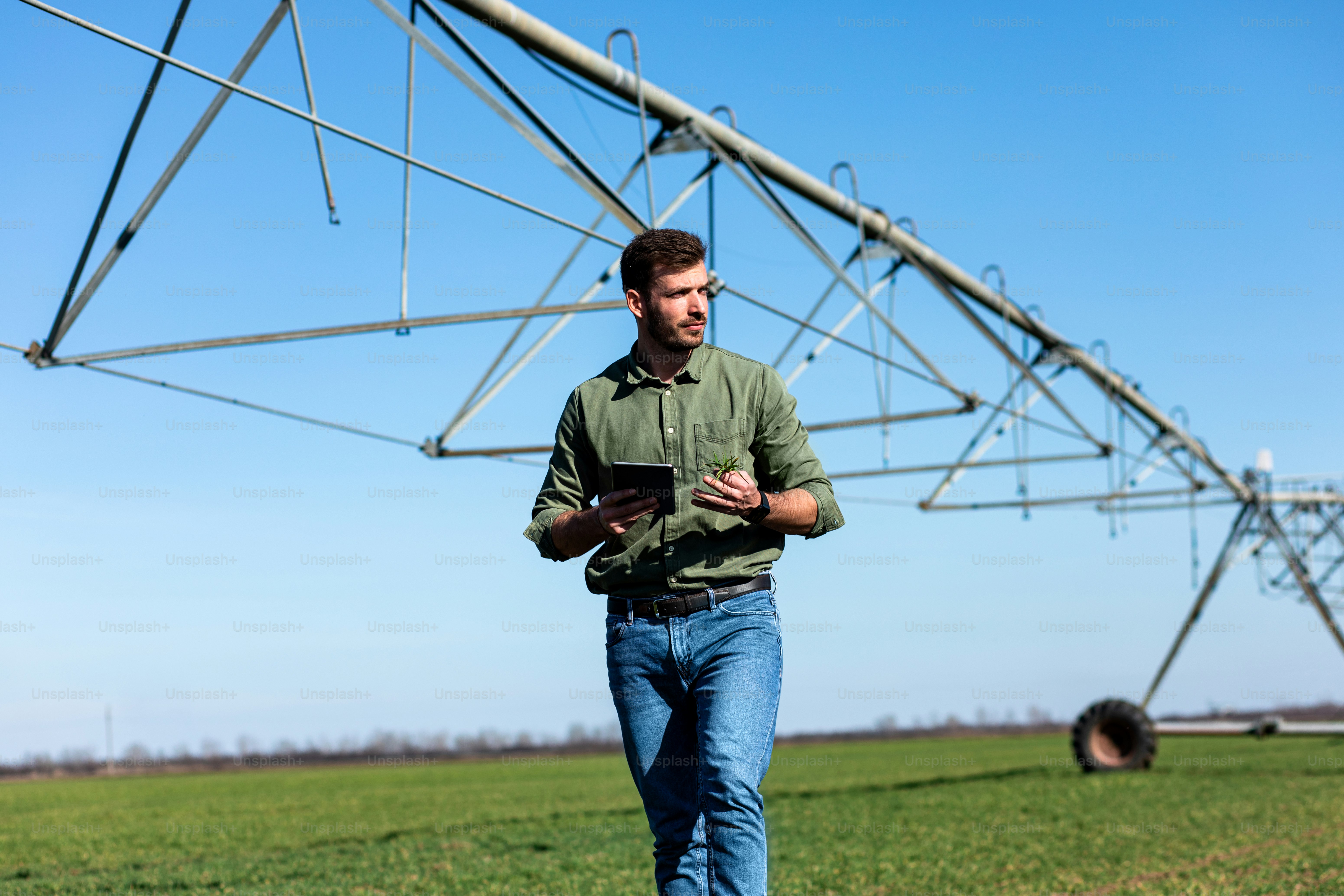 젊은 농부는 밀밭에 서서 태블릿에 관개 시스템을 설치합니다.