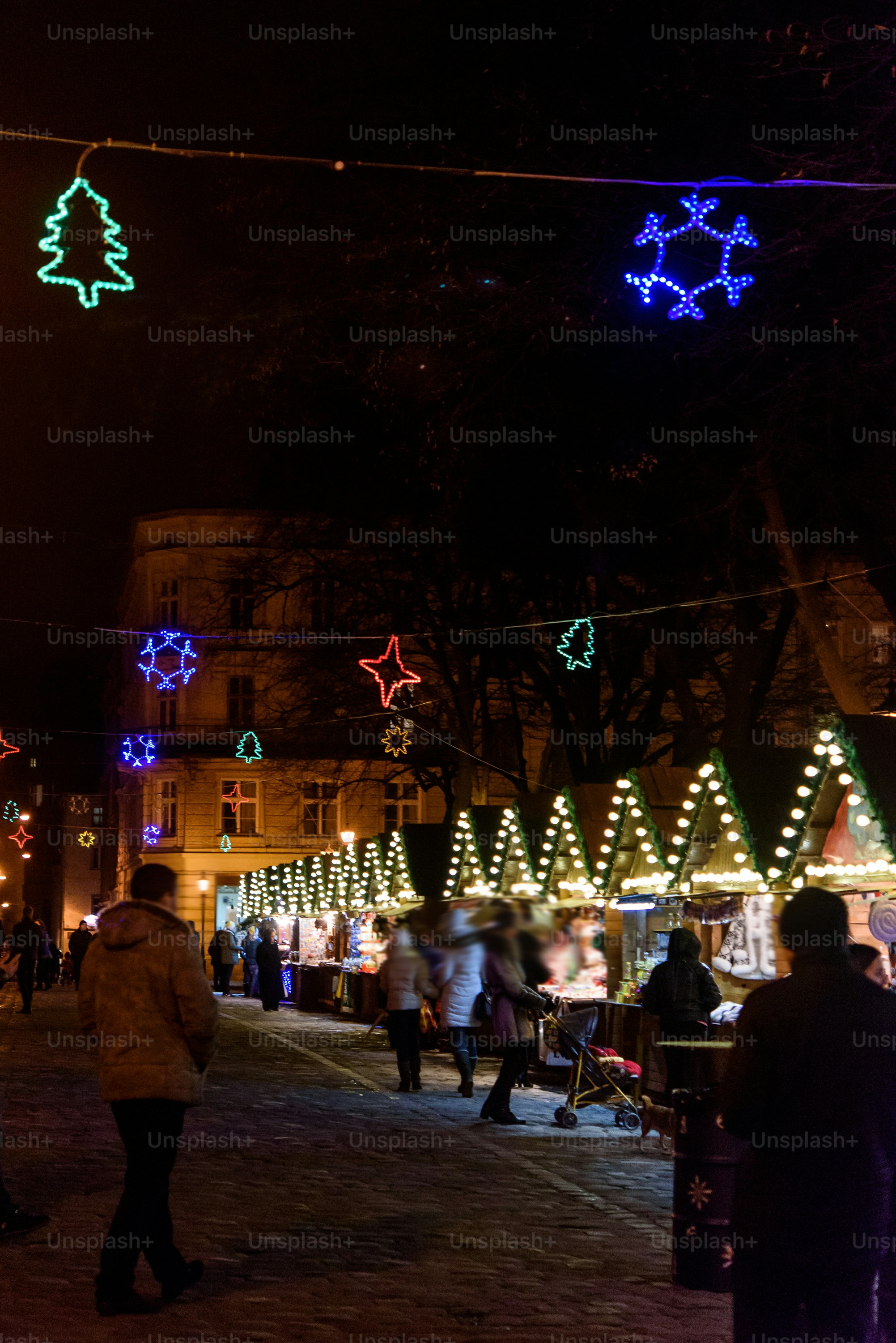 beautiful amazing decorated city center for christmas holidays in winter with lights in the evening