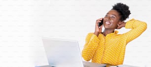 Trendy business woman talking on phone, home-office, banner template. African American woman at training seminar, female business leader going true paperwork at her office