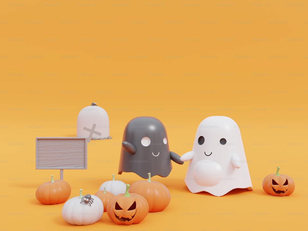 Halloween pumpkins and Cute little flying Ghost on yellow background,3d rendering