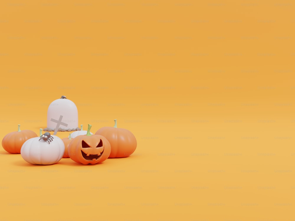 Zucche di Halloween su sfondo giallo, rendering 3d