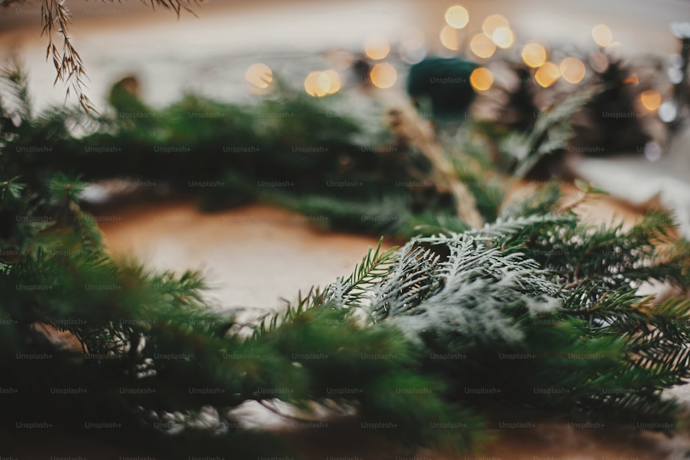 Galhos de abeto, close-up de pinhas e luzes douradas brilhando na mesa de madeira. Oficina rústica de coroa de Natal. Autêntica natureza morta elegante. Fazendo coroa de Natal.