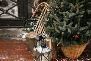 Christmas street decor. Stylish christmas tree in basket and wooden sleigh at front of store at holiday market in city street. Space for text. Rustic decoration