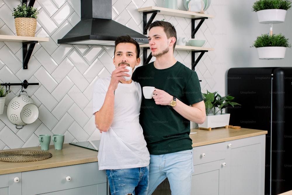 People, homosexuality, same-sex family, gay relationships concept. Male gay couple hugging each other and drinking their morning coffee while standing at the kitchen at home