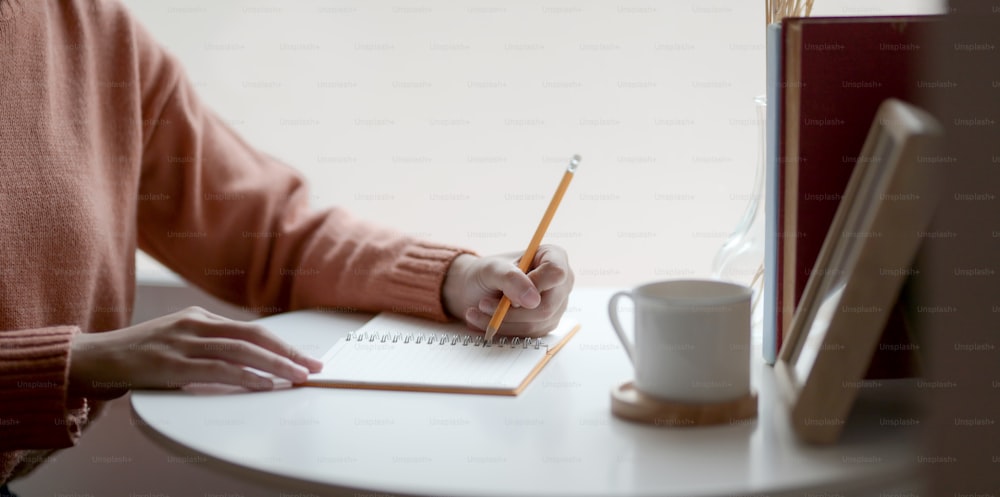 Nahaufnahme einer jungen Frau, die ihre Idee auf ein Notizbuch schreibt, während sie in einem komfortablen Zimmer an ihrem Projekt arbeitet