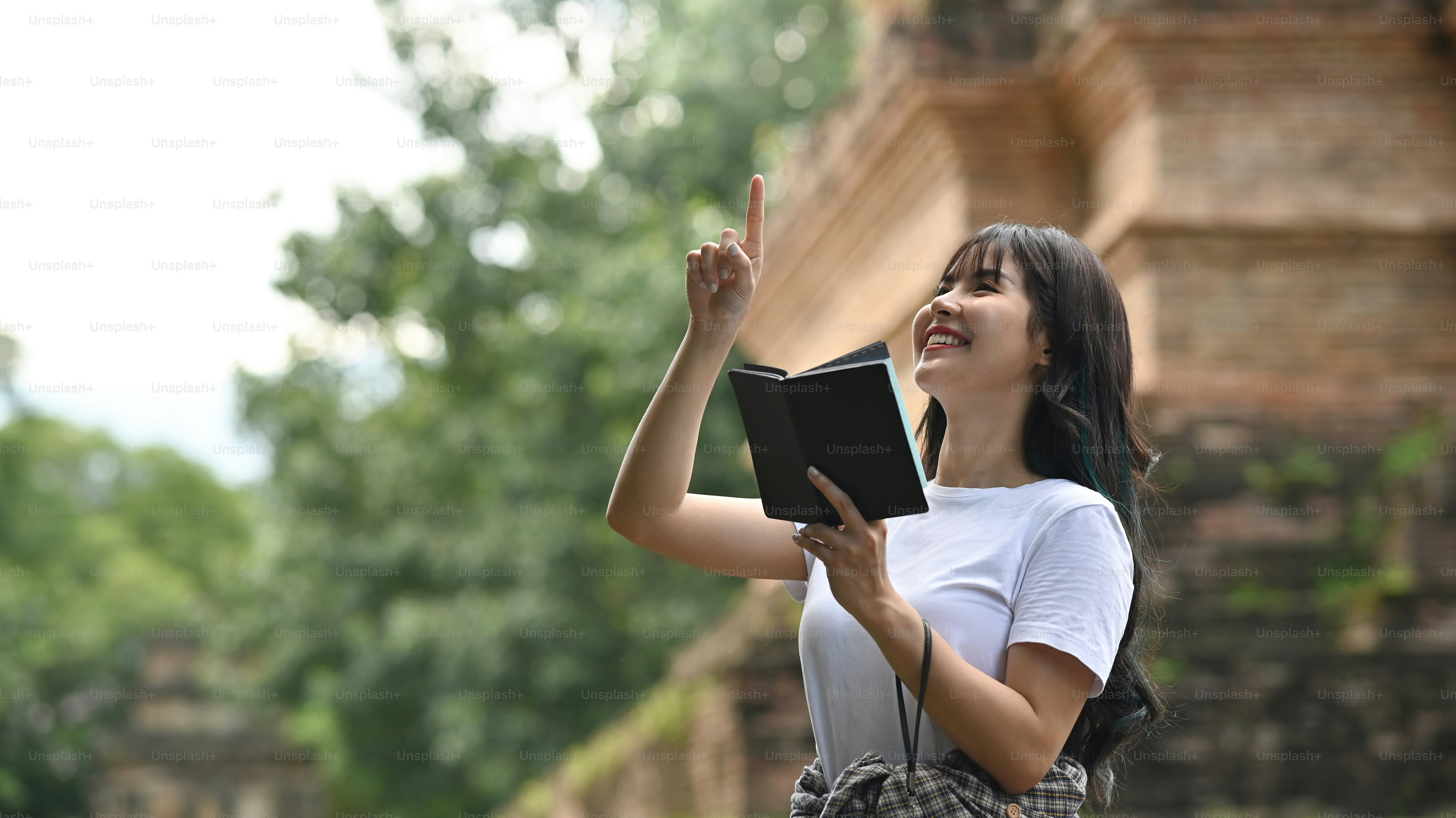 Journey woman reading a guide book and funny moment on holiday trips.