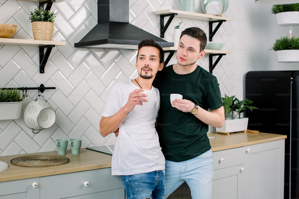 People, homosexuality, same-sex family, gay relationships concept. Male gay couple hugging each other and drinking their morning coffee while standing at the kitchen at home
